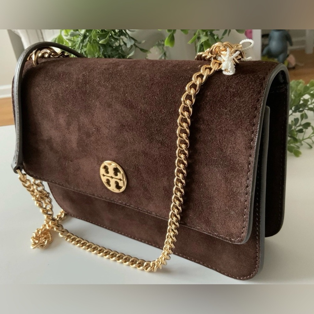 NWT TORY BURCH SUEDE & LEATHER SHOULDER/CROSSBODY BAG DARK COCOA - Picture 2 of 12